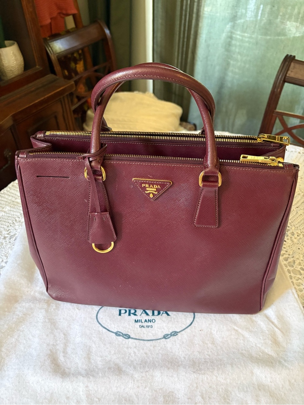 Prada Burgundy Saffiano Leather Satchel with Gold Hardware